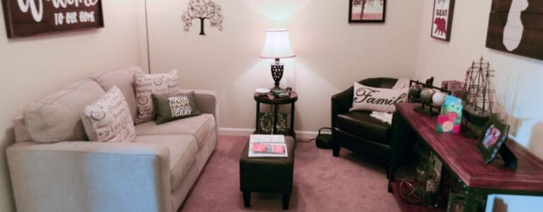 Cozy lounge area with seating and decorations