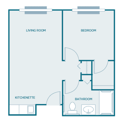 Architectural floor plan of a one-bedroom unit
