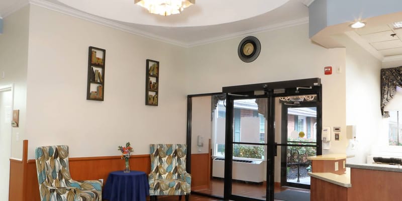 Bright common area with seating and decorations