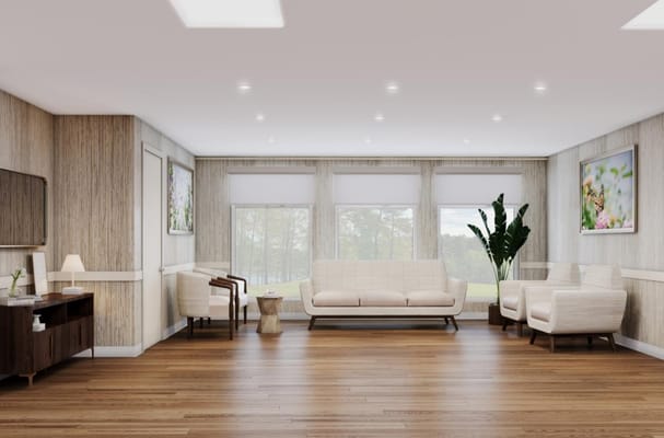 Bright common area with seating and natural light