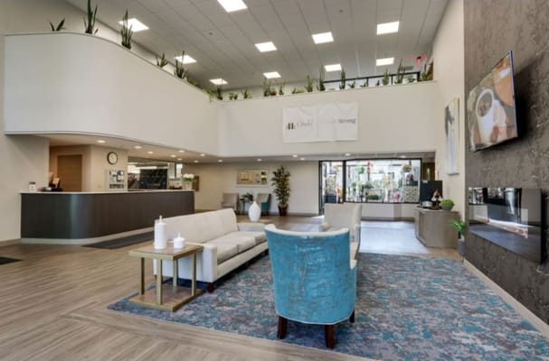 Interior view of a modern lobby with seating and decor
