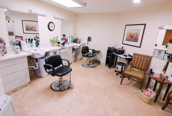 Interior view of a salon area in a senior living facility