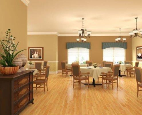 Bright dining room with tables and chairs