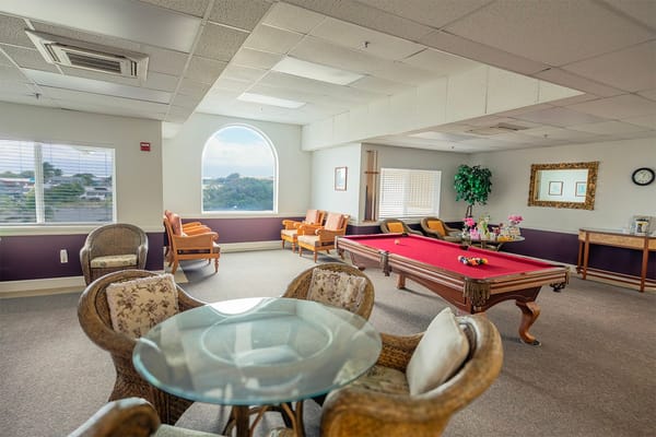 Spacious common area with a pool table and seating at Roselani Place