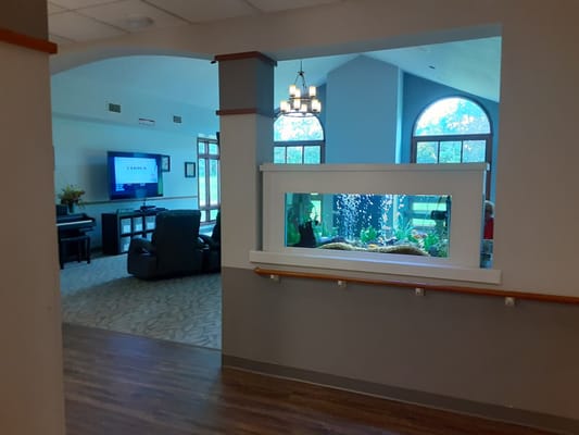 Interior view of a common area with an aquarium