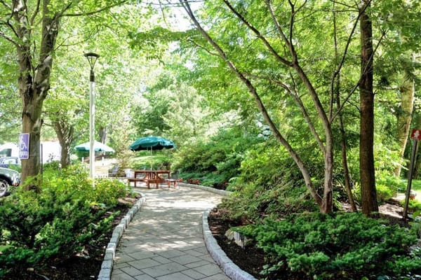 A winding garden path with wooden tables and umbrellas surrounded by greenery.