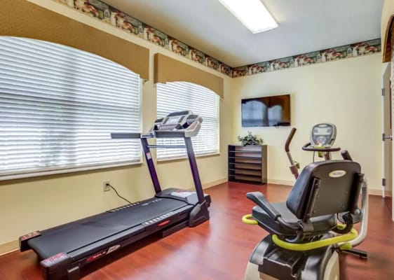 Fitness equipment including a treadmill and stationary bike in a well-lit room