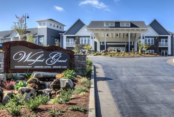 Signage at the entrance of Waterford Grand senior living facility