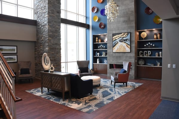 Bright interior of a comfortable common area with seating