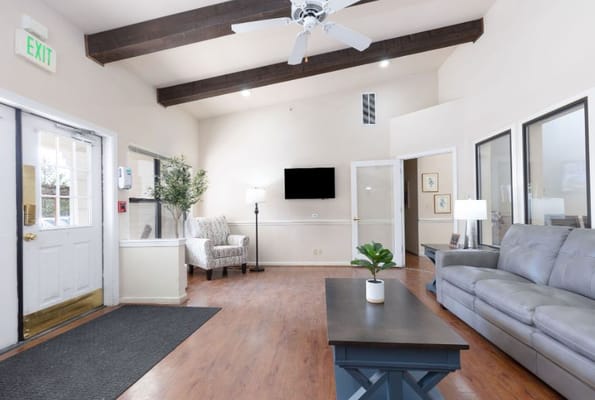 Bright interior common area with seating