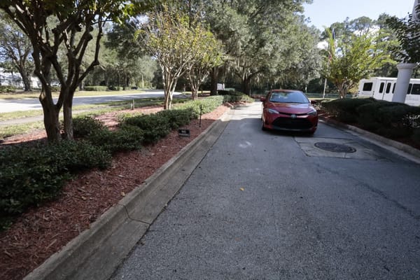 A red car driving along the entrance road of Sodalis Jacksonville surrounded by greenery.