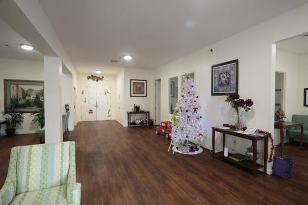 Decorated lobby with Christmas tree and festive decor