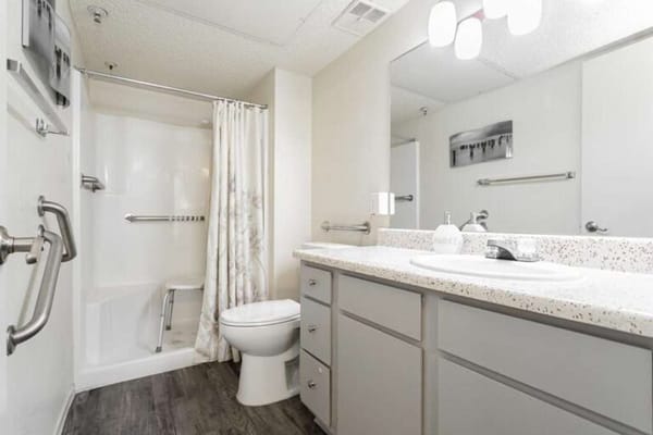 Clean and accessible bathroom with safety features