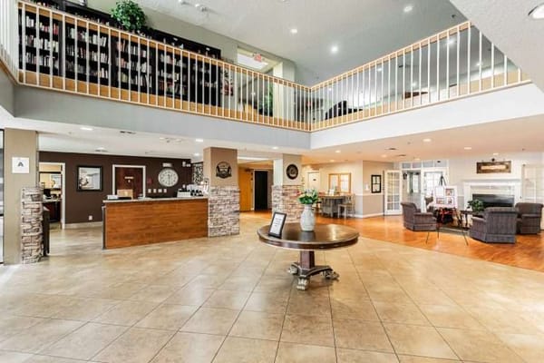 Bright interior of a senior living community lobby