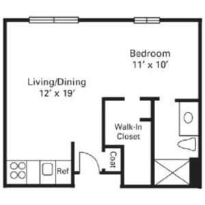Architectural floor plan of a one-bedroom unit
