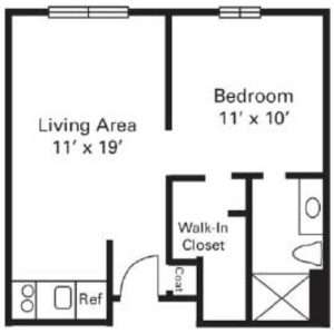 Architectural floor plan of a one-bedroom unit