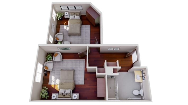 Floor plan of a two-bedroom resident unit
