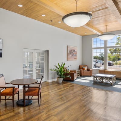 Bright and welcoming common area in a senior living facility