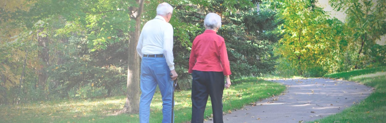 Elderly couple walking on a path in a garden