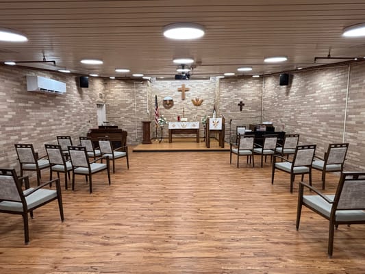 Interior view of a multi-purpose room with chairs arranged