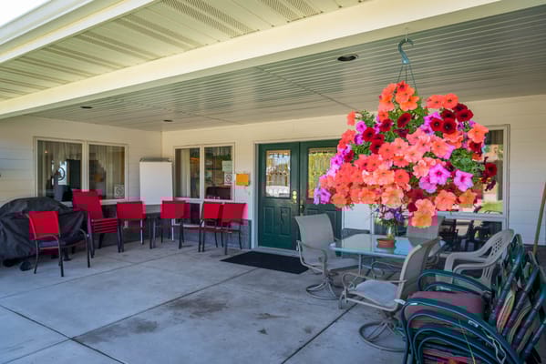 Outdoor seating area with colorful flowers
