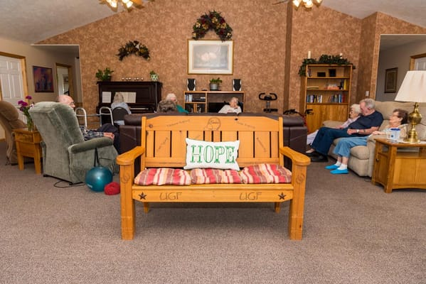 Residents socializing in a cozy common area