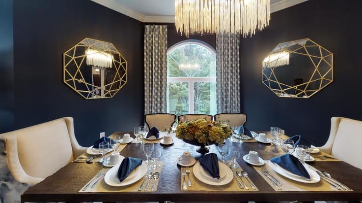 Elegant dining room set for a meal with decorative touches
