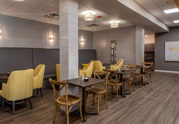 Interior dining area with seating and decor