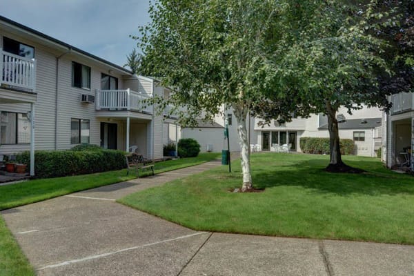 Well-maintained garden and walkway in a retirement community