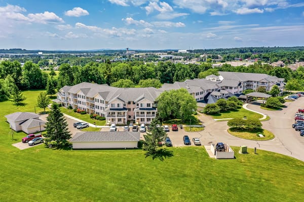 Aerial view of Solstice Senior Living at Bangor with landscaped grounds