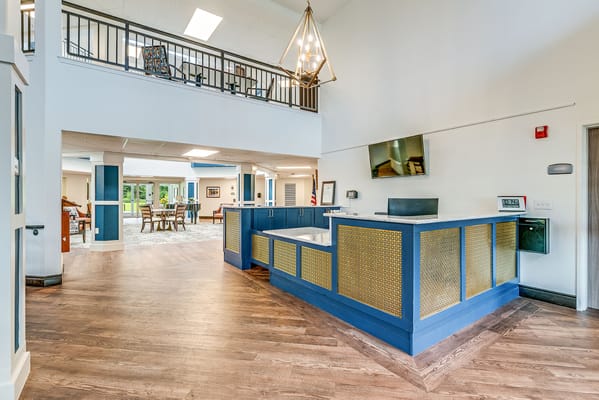 Bright interior view of the facility lobby and reception area