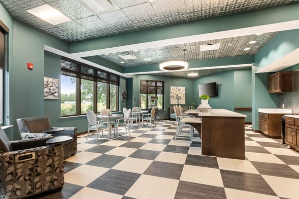 Bright common area with modern furnishings and decor