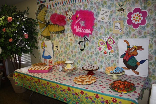 Decorated table with snacks and festive decorations