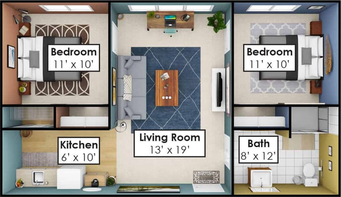 Architectural floor plan of a two-bedroom layout