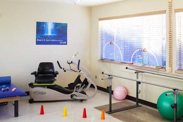 Interior fitness area with exercise equipment and therapy bars