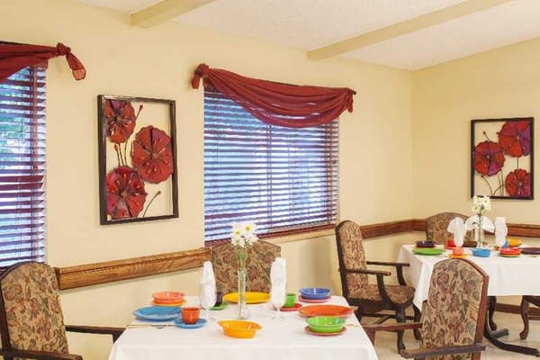 Dining room setup with colorful tableware