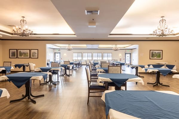 Bright dining room set up for meals