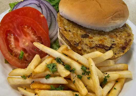A plate with a veggie burger, lettuce, tomato, onion, and fries
