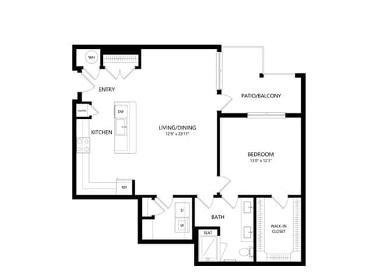 Architectural floor plan of a one-bedroom unit