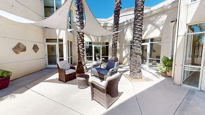 Outdoor seating area with palm trees and shade sails