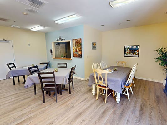 Interior view of a dining area with tables