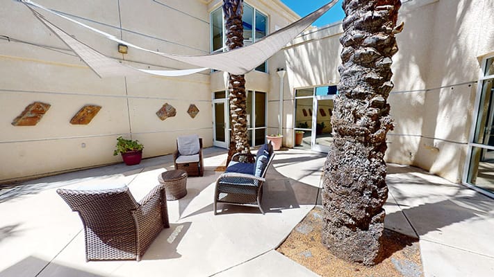 Outdoor seating area with palms and shade sail
