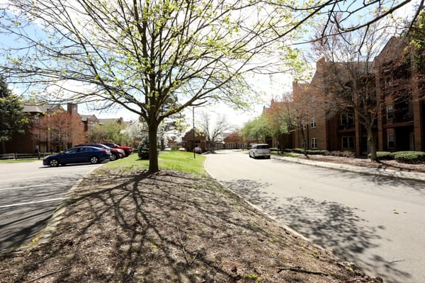 Outdoor view of the facility with parking and trees