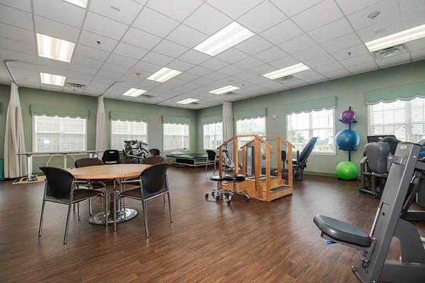 Interior view of a physical therapy room with exercise equipment