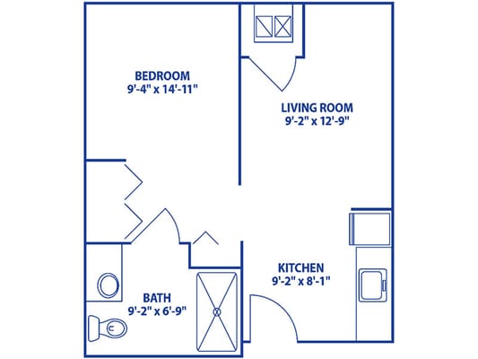 Architectural floor plan of a one-bedroom apartment