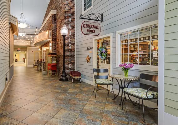 Interior view of a facility common area with vintage decor