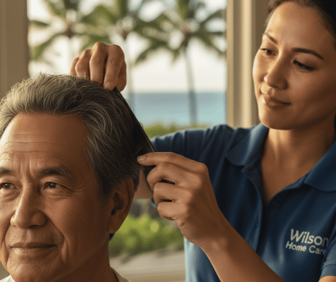 A staff member styling a resident's hair in a warm setting