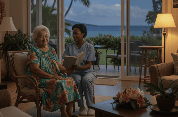 A caregiver reading to a resident in a cozy room.
