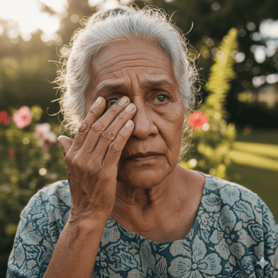 Elderly woman with a thoughtful expression in a garden