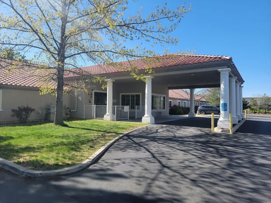 Exterior view of a senior living facility entrance